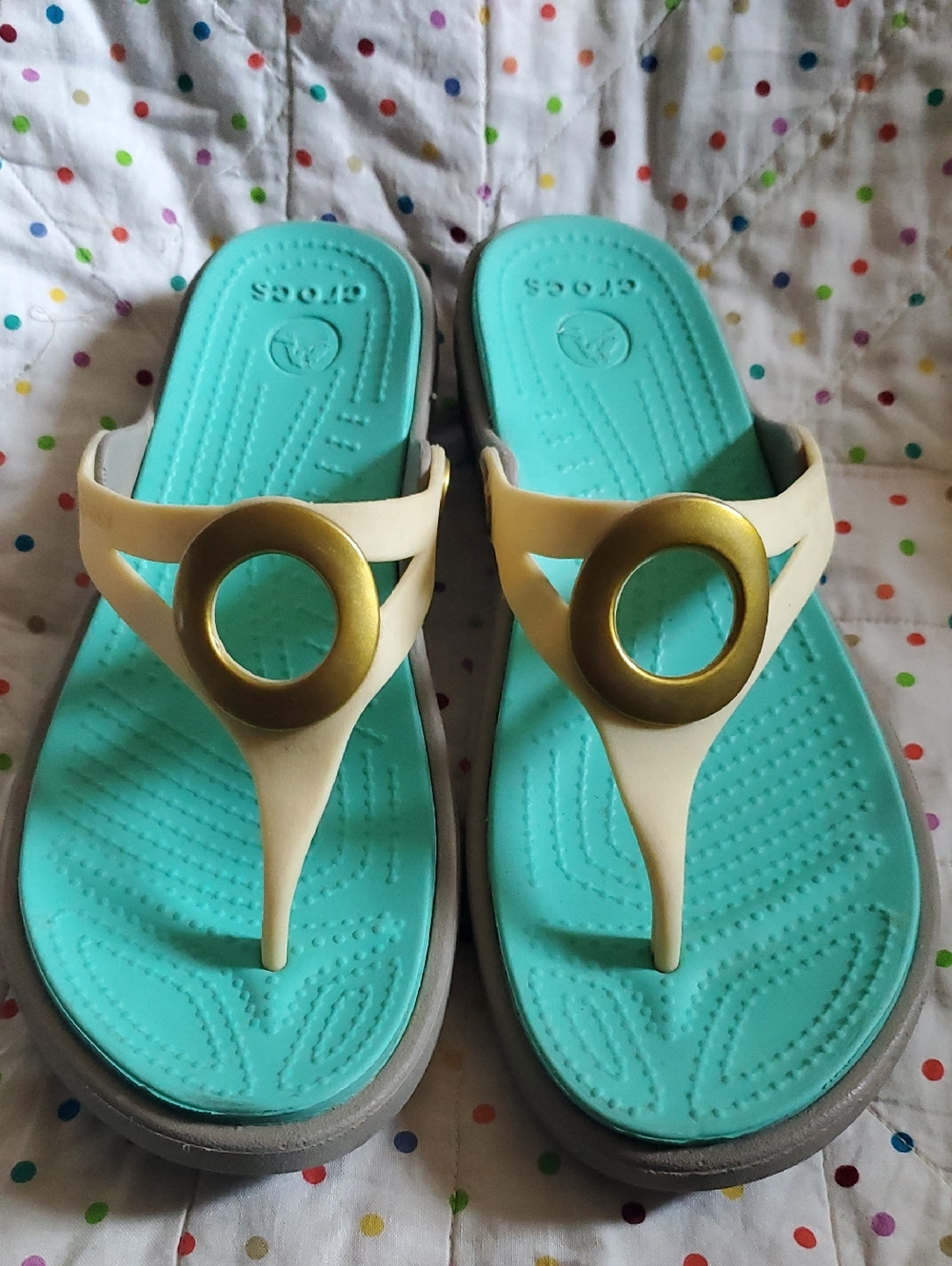 CROCS Teal Footbed with Cream Straps and Gold Ring Accents